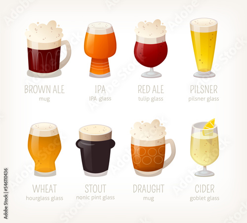 Collection of beer glasses with names. Variety of alcohol drinks beer stout and pilsner. Isolated vector images of classic pub beverages. 