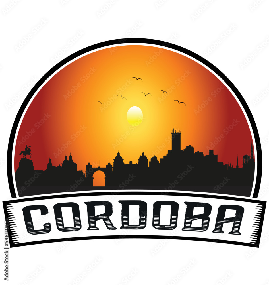 Cordoba Argentina Skyline Sunset Travel Souvenir Sticker Logo Badge Stamp Emblem Coat of Arms Vector Illustration EPS