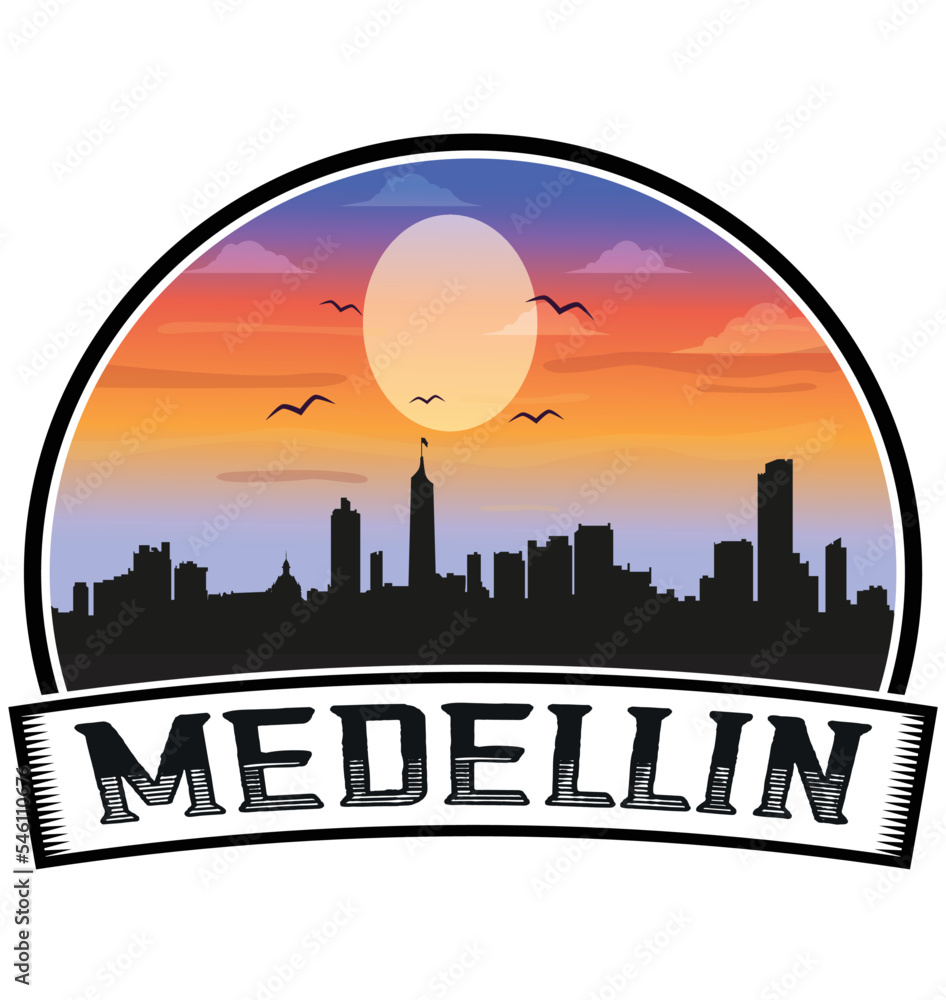 Medellin Colombia Skyline Sunset Travel Souvenir Sticker Logo Badge Stamp Emblem Coat of Arms Vector Illustration EPS