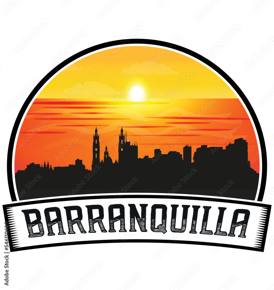 Barranquilla Colombia Skyline Sunset Travel Souvenir Sticker Logo Badge Stamp Emblem Coat of Arms Vector Illustration EPS