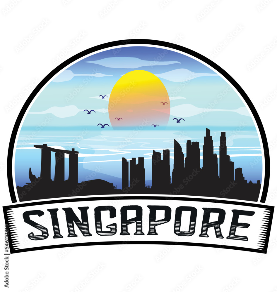 Singapore Singapore Skyline Sunset Travel Souvenir Sticker Logo Badge Stamp Emblem Coat of Arms Vector Illustration EPS