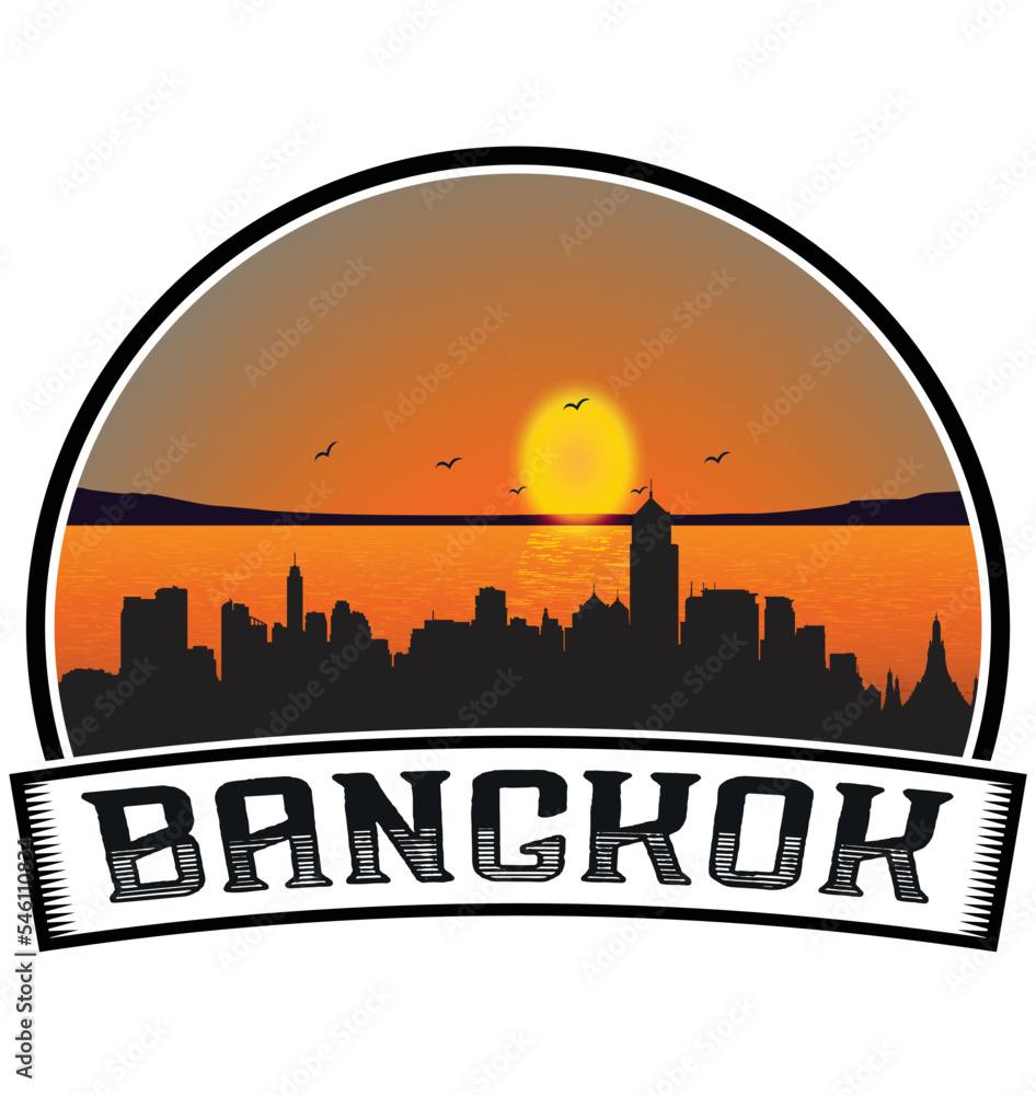 Bangkok Thailand Skyline Sunset Travel Souvenir Sticker Logo Badge Stamp Emblem Coat of Arms Vector Illustration EPS