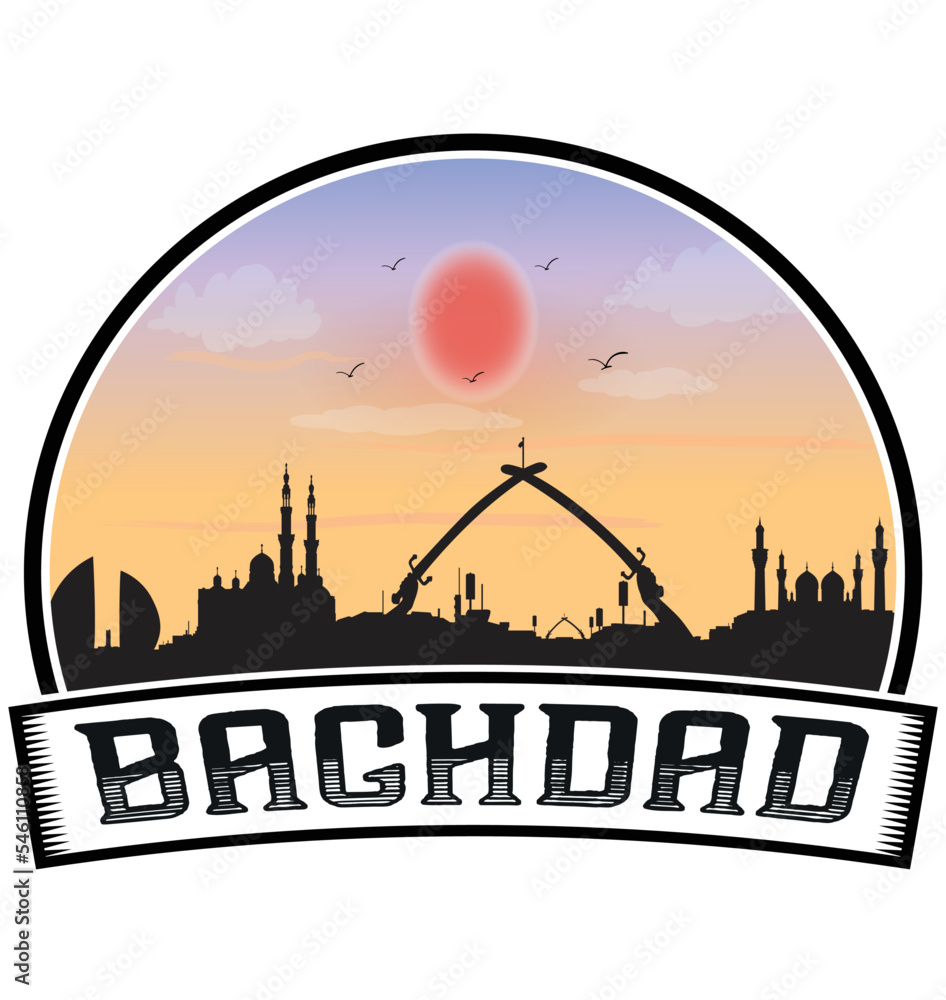 Baghdad Iraq Skyline Sunset Travel Souvenir Sticker Logo Badge Stamp