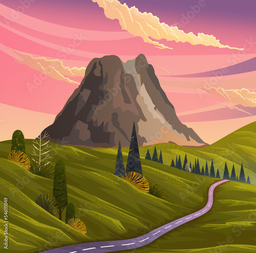Mountains landscape, abstract lilac sunset panoramic view. Mountainside volcanic background. View of mountain with dormant volcano and cloudy sky. Beautiful scenery of nature vector illustration