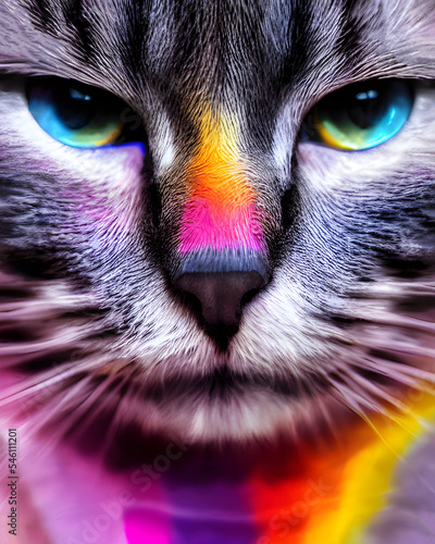 Digital Illustration Rainbow Colours Cat Close Up Portrait 