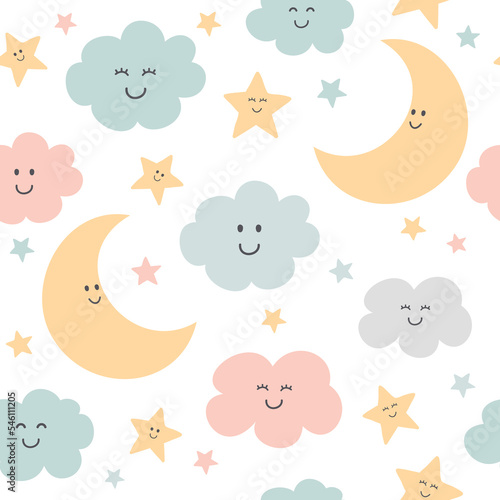 Seamless pattern with cute moon, clouds and stars. Background for babies. Vector illustration.