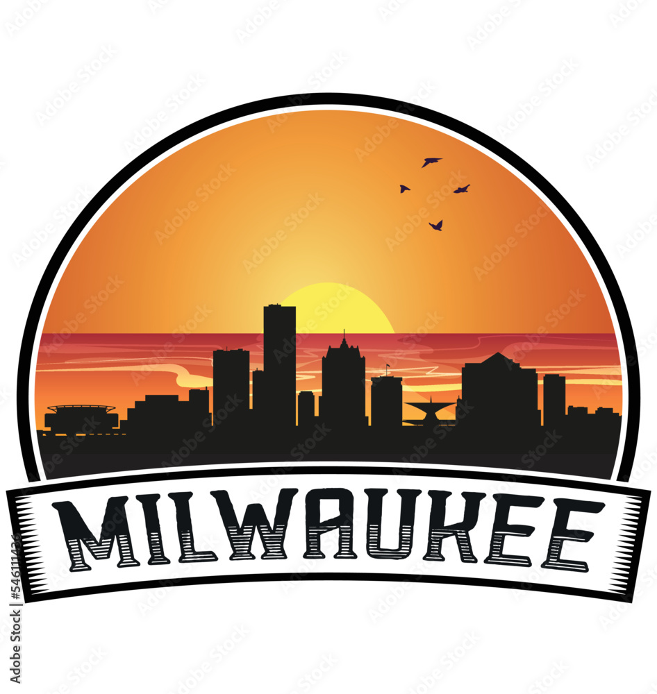 Milwaukee Wisconsin USA Skyline Sunset Travel Souvenir Sticker Logo Badge Stamp Emblem Coat of Arms Vector Illustration EPS