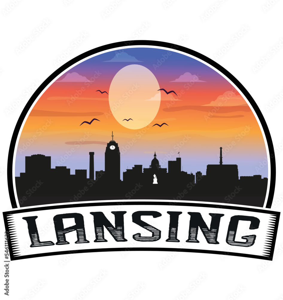 Lansing Michigan USA Skyline Sunset Travel Souvenir Sticker Logo Badge Stamp Emblem Coat of Arms Vector Illustration EPS