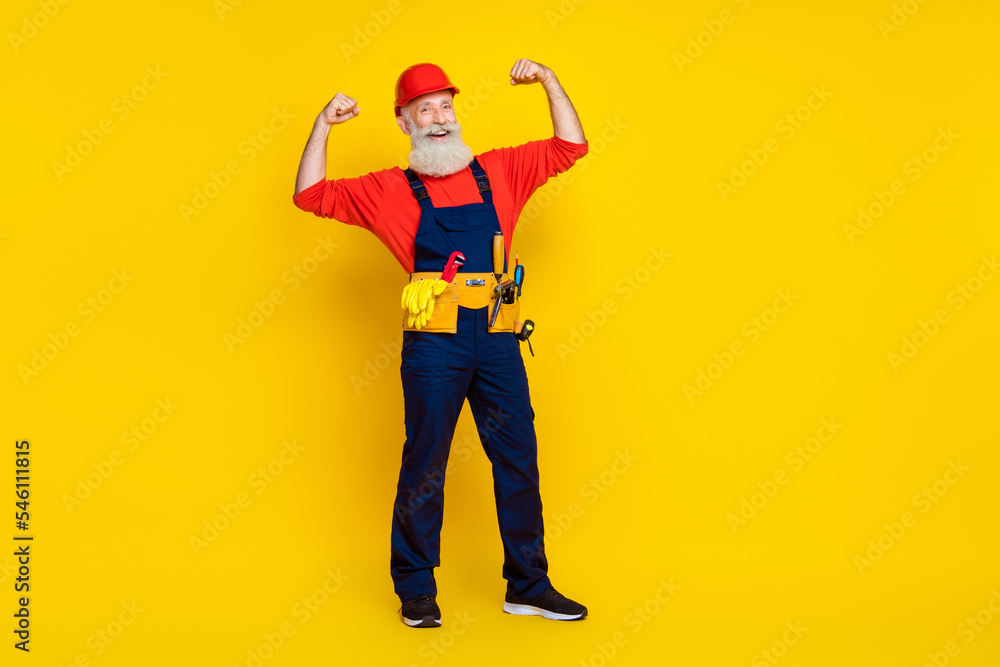 Full size photo of successful retired workman show biceps master fix reconstruction isolated on bright color background