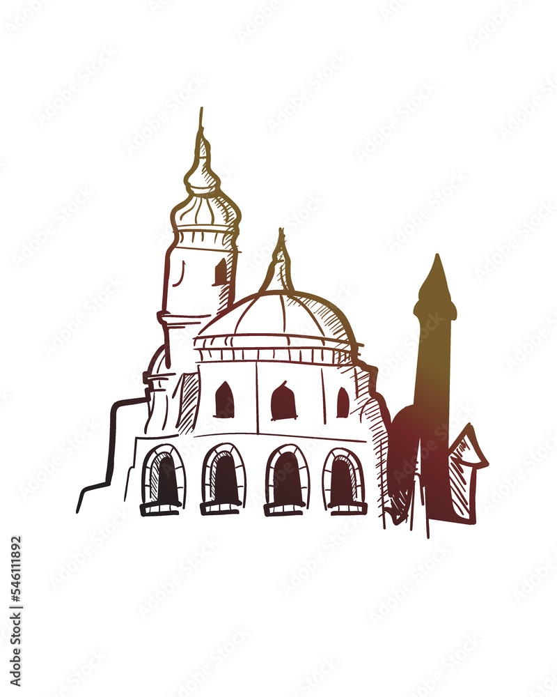 Old mosque architecture hand drawn vector illustration