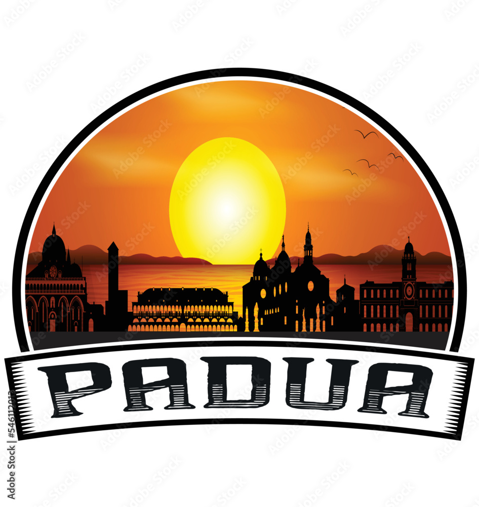 Padua Italy Skyline Sunset Travel Souvenir Sticker Logo Badge Stamp Emblem Coat of Arms Vector Illustration EPS