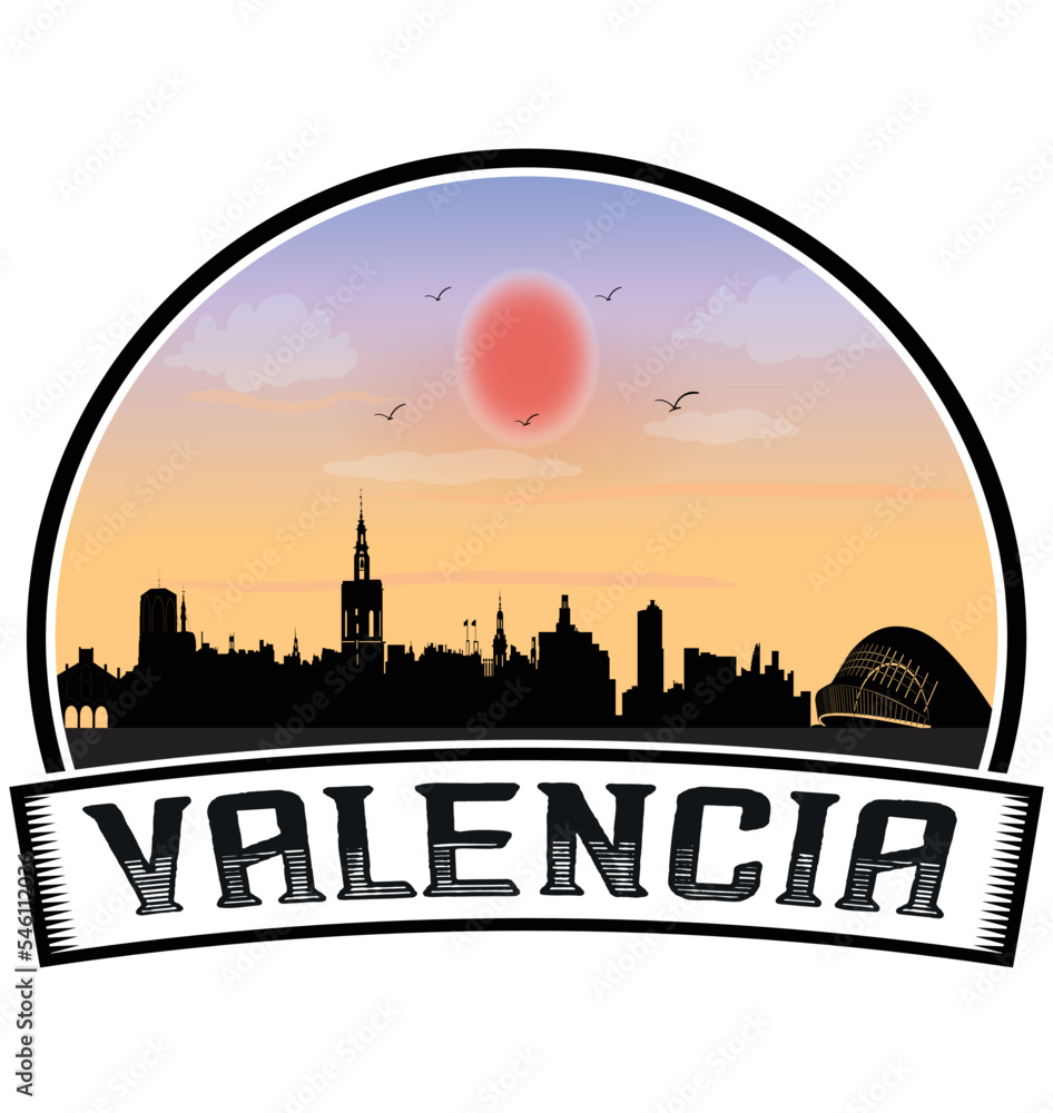 Valencia Spain Skyline Sunset Travel Souvenir Sticker Logo Badge Stamp Emblem Coat of Arms Vector Illustration EPS