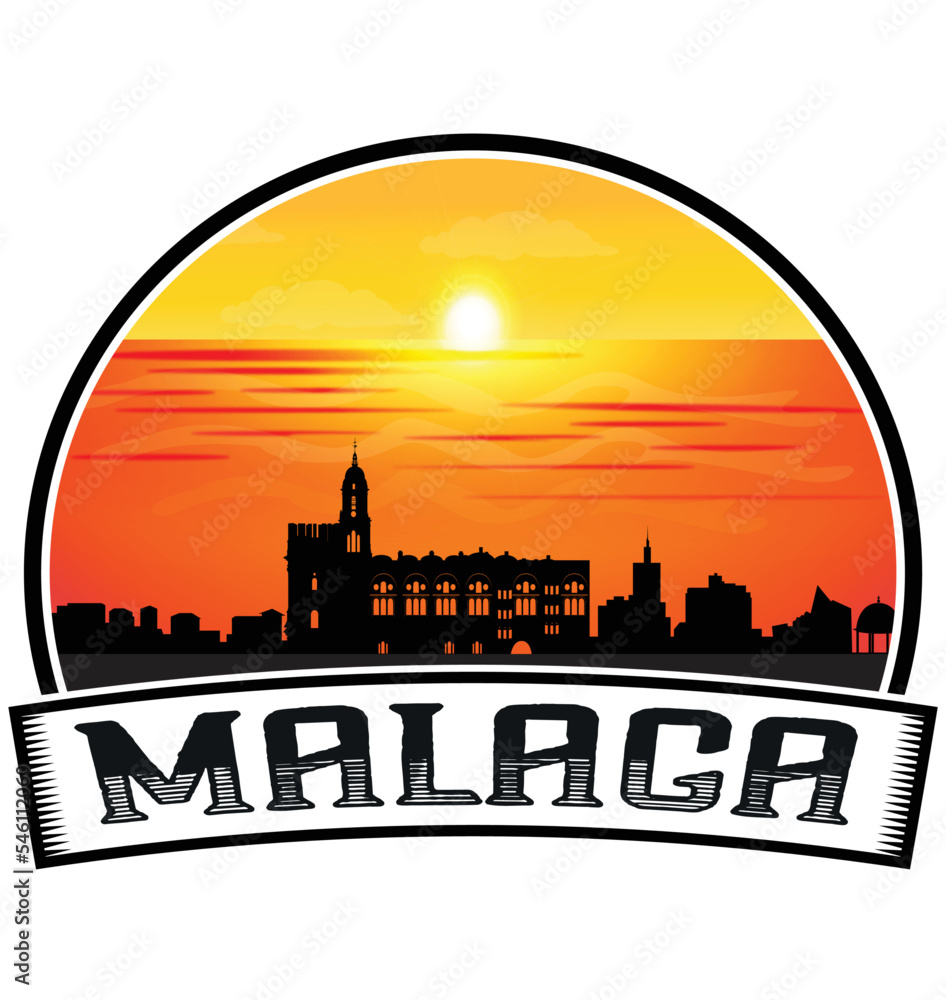 Malaga Spain Skyline Sunset Travel Souvenir Sticker Logo Badge Stamp Emblem Coat of Arms Vector Illustration EPS