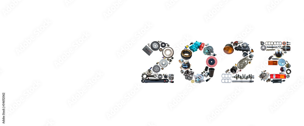 Number 2023 written with truck, tractors and car spare parts. New year concept for repair shop, workshop, diy isolated on white background. Banner. Number 2023 written with truck, tractors and car spare parts. New year concept for repair shop, workshop, diy isolated on white background. Banner.
