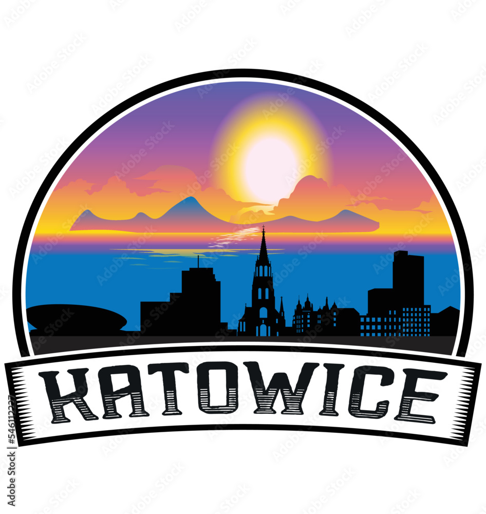 Katowice Poland Skyline Sunset Travel Souvenir Sticker Logo Badge Stamp Emblem Coat of Arms Vector Illustration EPS