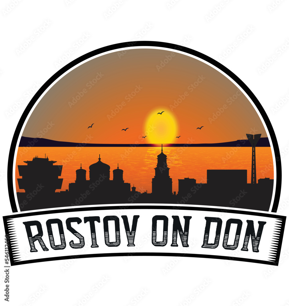 Rostov On Don Russia Skyline Sunset Travel Souvenir Sticker Logo Badge Stamp Emblem Coat of Arms Vector Illustration EPS
