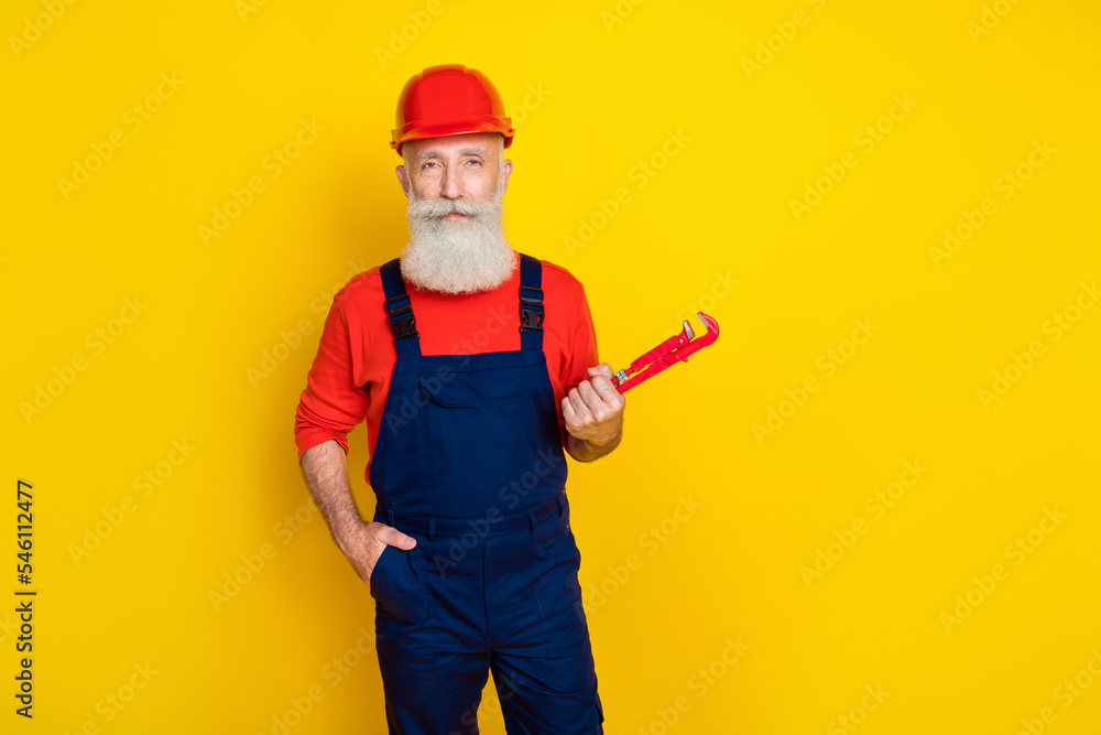 Photo of professional technician workman hold pipe fitter doing carpentry contractor isolated on bright color background
