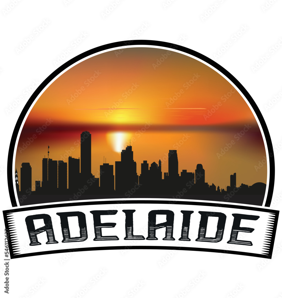 Adelaide Australia Skyline Sunset Travel Souvenir Sticker Logo Badge Stamp Emblem Coat of Arms Vector Illustration EPS