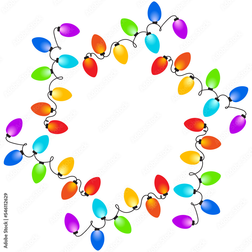 Christmas decorative garland with glowing lights, round frame, isolated on transparent background.