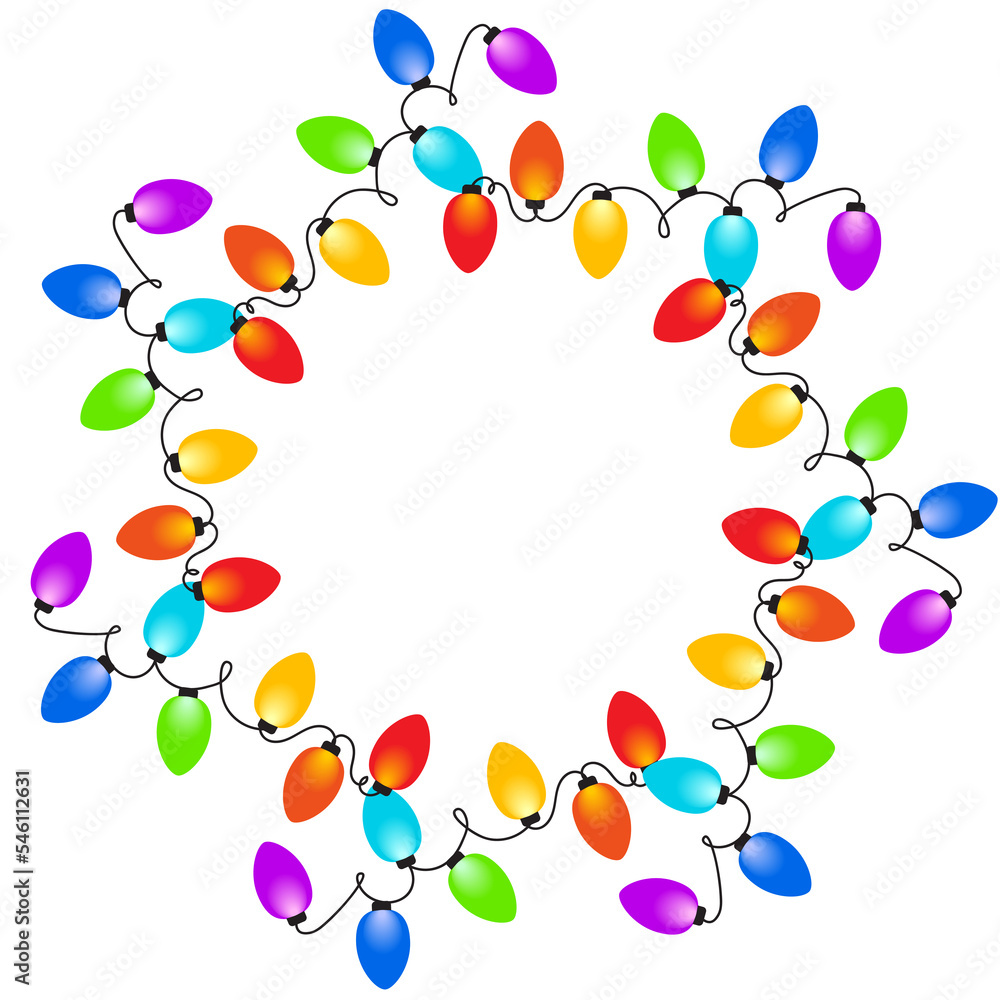 Cartoon round frame of tangled wire with colorful Christmas lights on transparent background.