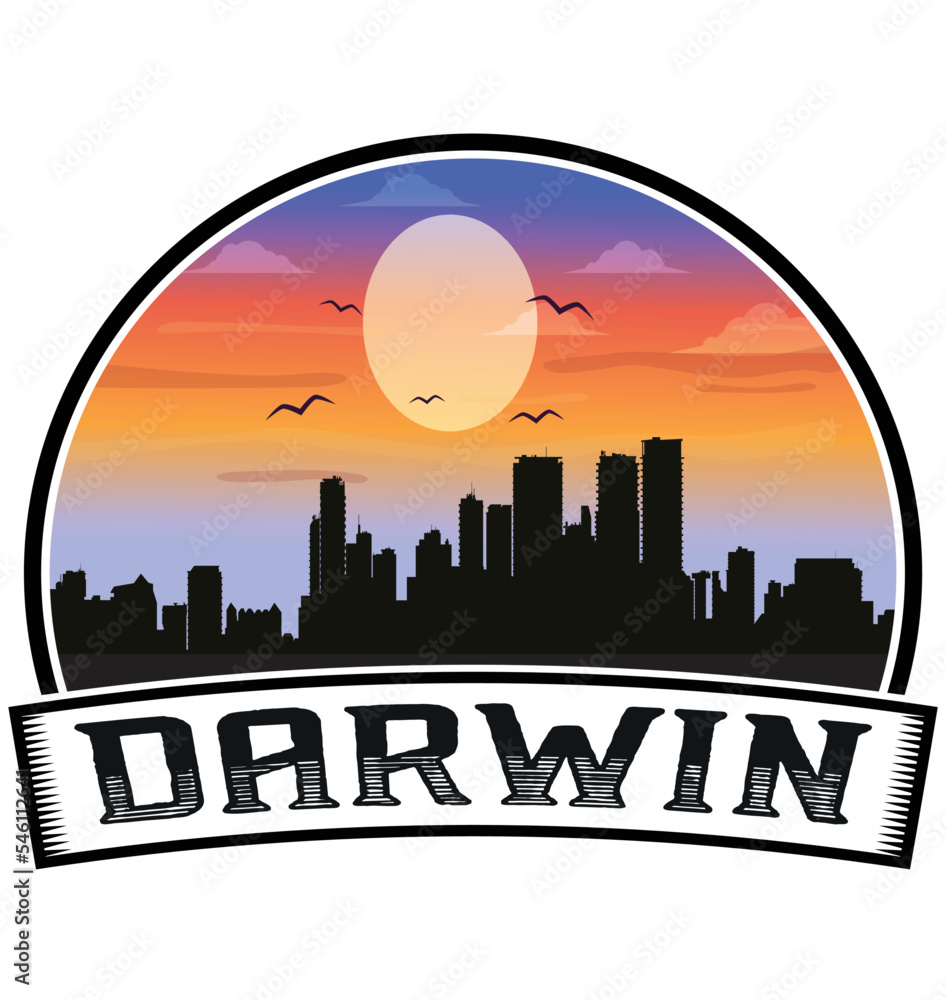 Darwin Australia Skyline Sunset Travel Souvenir Sticker Logo Badge Stamp Emblem Coat of Arms Vector Illustration EPS