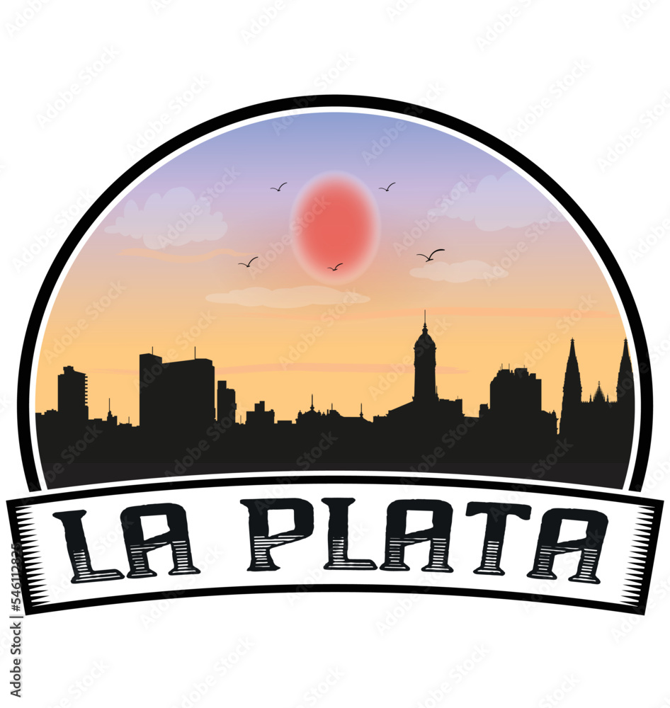 La Plata Argentina Skyline Sunset Travel Souvenir Sticker Logo Badge Stamp Emblem Coat of Arms Vector Illustration EPS