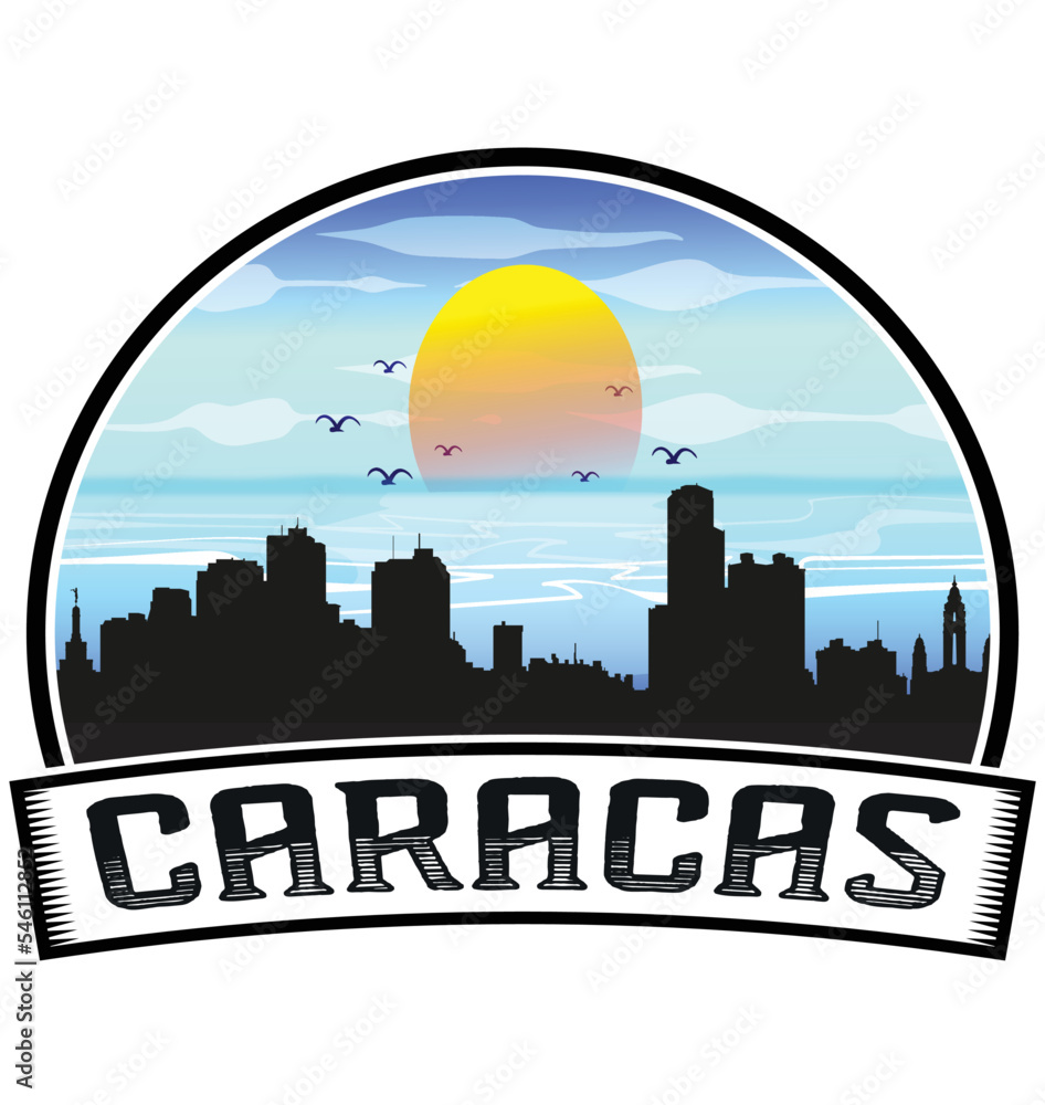 Caracas Venezuela Skyline Sunset Travel Souvenir Sticker Logo Badge Stamp Emblem Coat of Arms Vector Illustration EPS