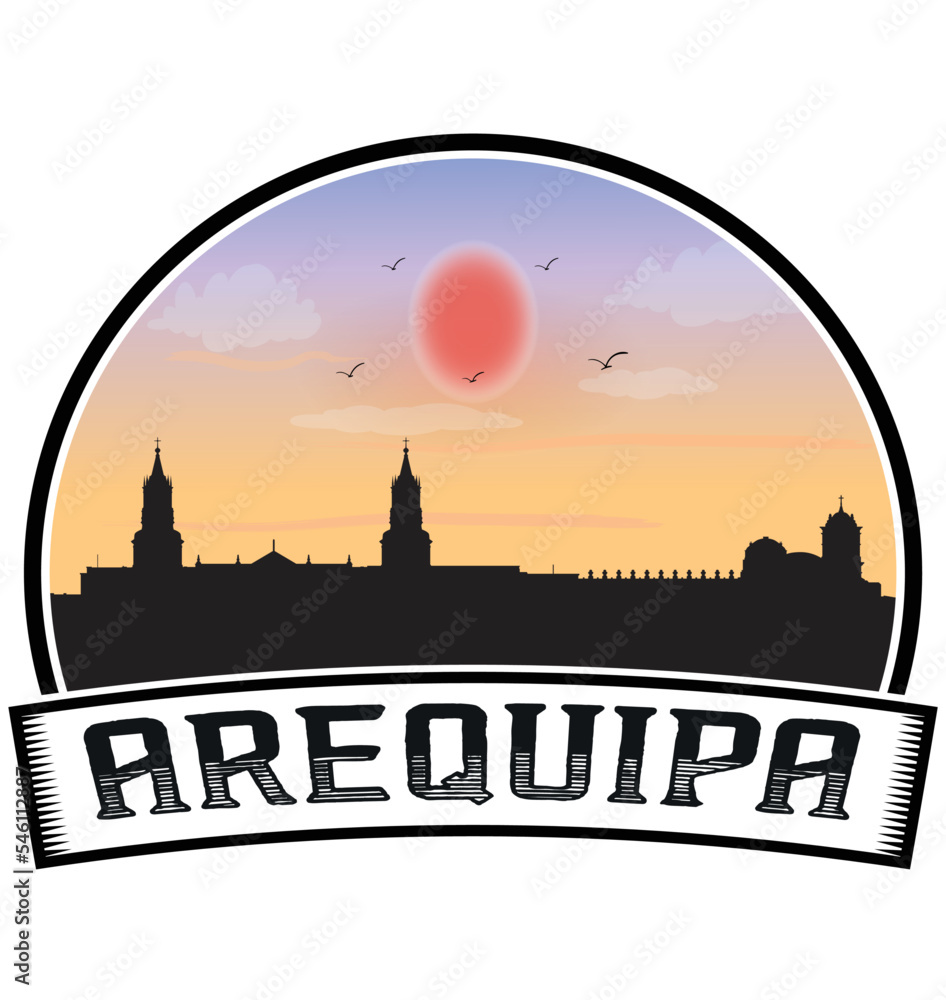 Arequipa Peru Skyline Sunset Travel Souvenir Sticker Logo Badge Stamp Emblem Coat of Arms Vector Illustration EPS