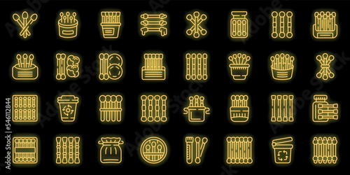 Wooden cotton swabs icons set outline vector. Ear bath. Swab cotton neon color on black