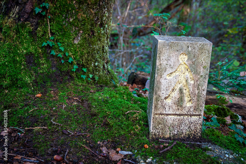 Meylan France 11 11 2022 hiking in the forest, engraved stone hiking indication with a pedestrian, autumn landscapes