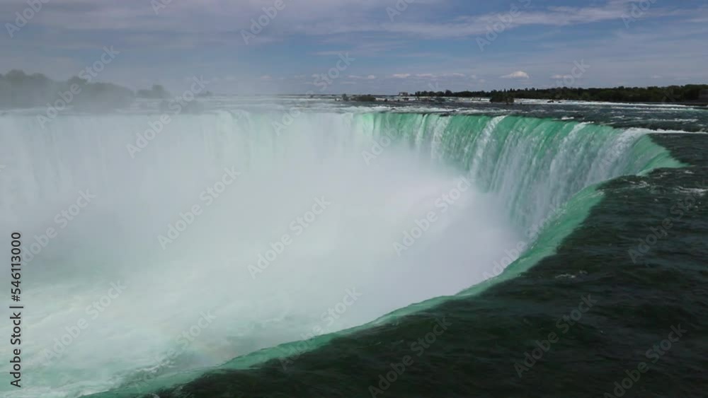 A large waterfall - the edge of a cliff, the water falls down forming a cloud of fog. Niagara Falls - Horseshoe, Nature Landscape, Traveling America. Niagara, Ontario, Canada A large waterfall - the edge of a cliff, the water falls down forming a cloud of fog. Niagara Falls - Horseshoe, Nature Landscape, Traveling America. Niagara, Ontario, Canada