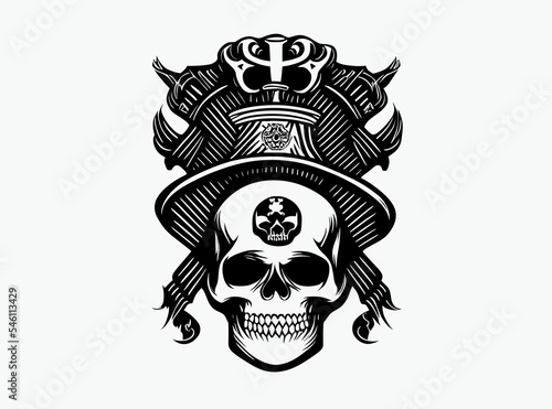 Pirate skull in pirate hat, sketch vector illustration, Vintage skull for t-shirt or poster design. Stylish jolly roger icon illustration.