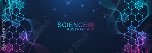 Modern scientific background with hexagons, lines and dots. Wave flow abstract background. Molecular structure for medical, technology, chemistry, science. Vector illustration