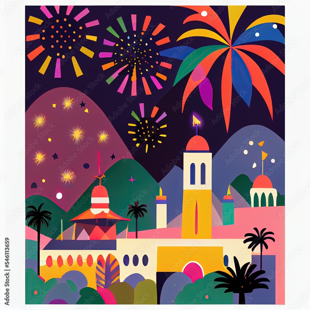 Fototapeta premium New year's fireworks, city landscape generated with Artificial Intelligence