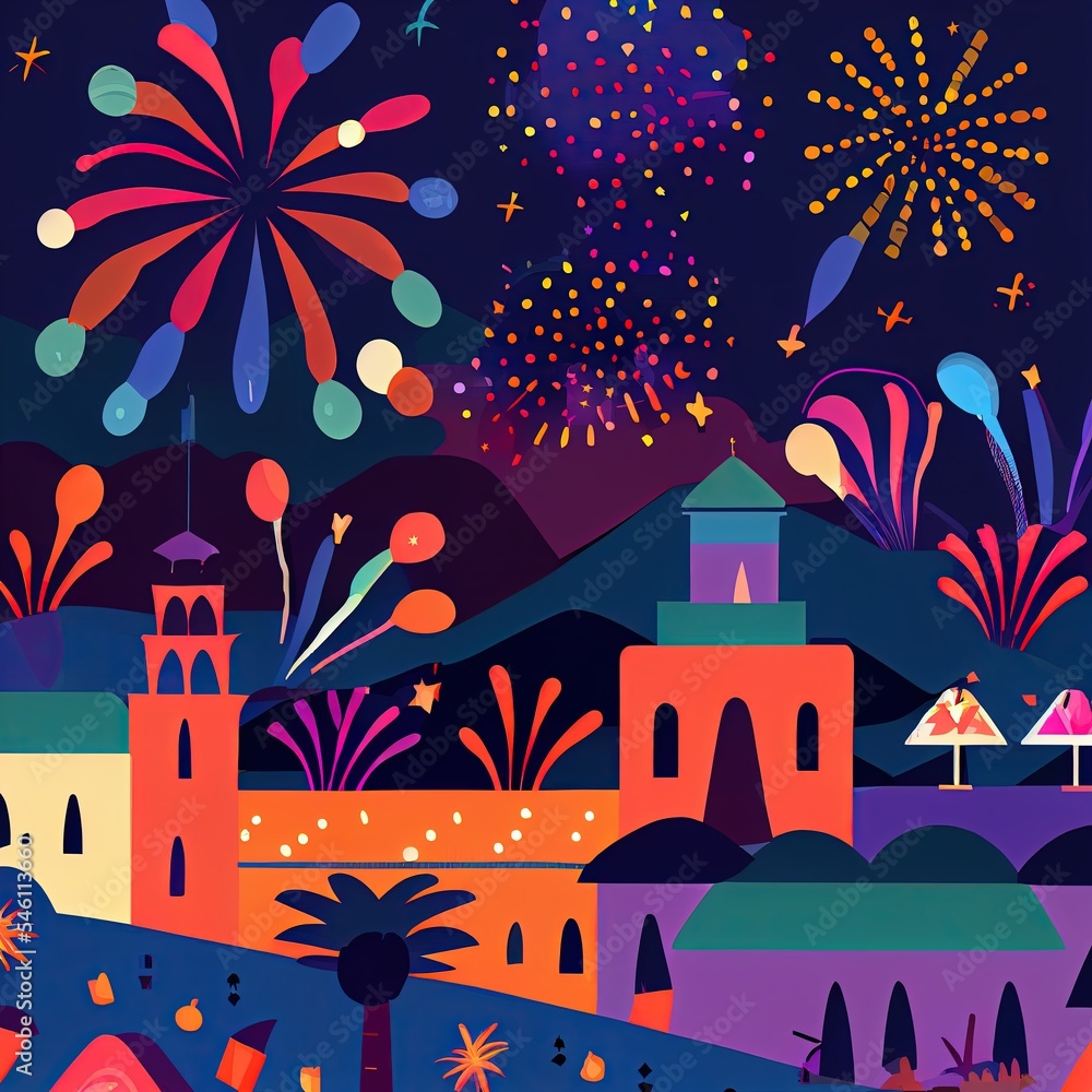 New year's fireworks, city landscape generated with Artificial Intelligence New year's fireworks, city landscape generated with Artificial Intelligence