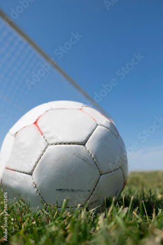A white soccer with a goal net in the background sits on a green grass pitch on a blue sky day. © Ken