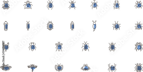 ミニ昆虫のイラストアイコンセット アウトライン青