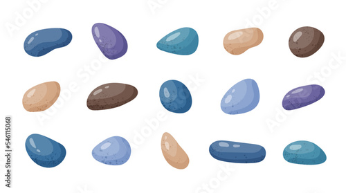 Pebble stones collection. Different beach pebbles shape set. Various forms of smooth rocks. Sea or river pebbles. Spa or garden stones. Vector cartoon