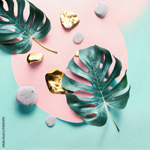 Gold covered stones, monstera leaves on a pastel pink and blue background, view from above. Beauty and fashion blog background, collage.  Flat lay. photo