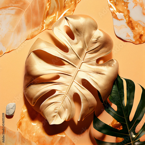 Gold covered monstera leaf and marble stones on a pastel orange background, view from above. Beauty and fashion blog background, collage.  Flat lay. photo