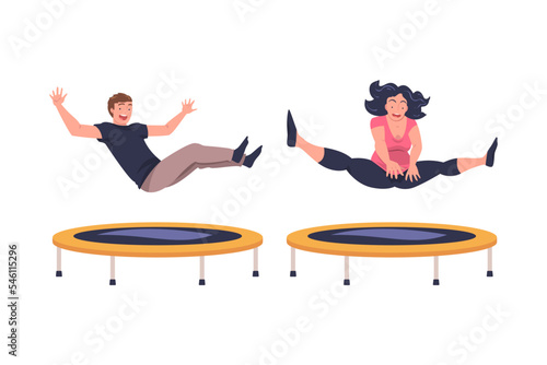 Excited Man and Woman Character Jumping and Bouncing on Trampoline Engaged in Recreational Activity Vector Set