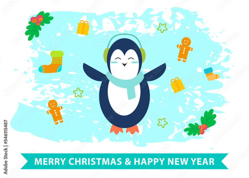 Fototapeta premium Handwritten winter season inscription. Congratulation text, creative style of wish card. Happy new year, merry christmas lettering, decorated greeting. Cute penguin on background of winter symbols