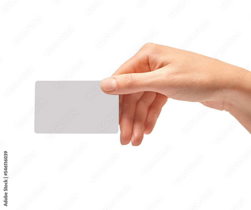 Female Hand Holds A White Card. Female Hand Holds A White Card.