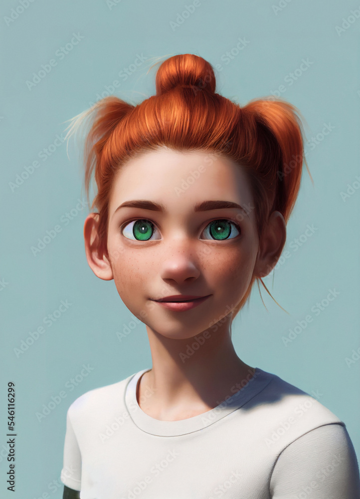 generic smiling red head and green eyed girl cartoon portrait, digital painting in 3D cartoon movies style generic smiling red head and green eyed girl cartoon portrait, digital painting in 3D cartoon movies style