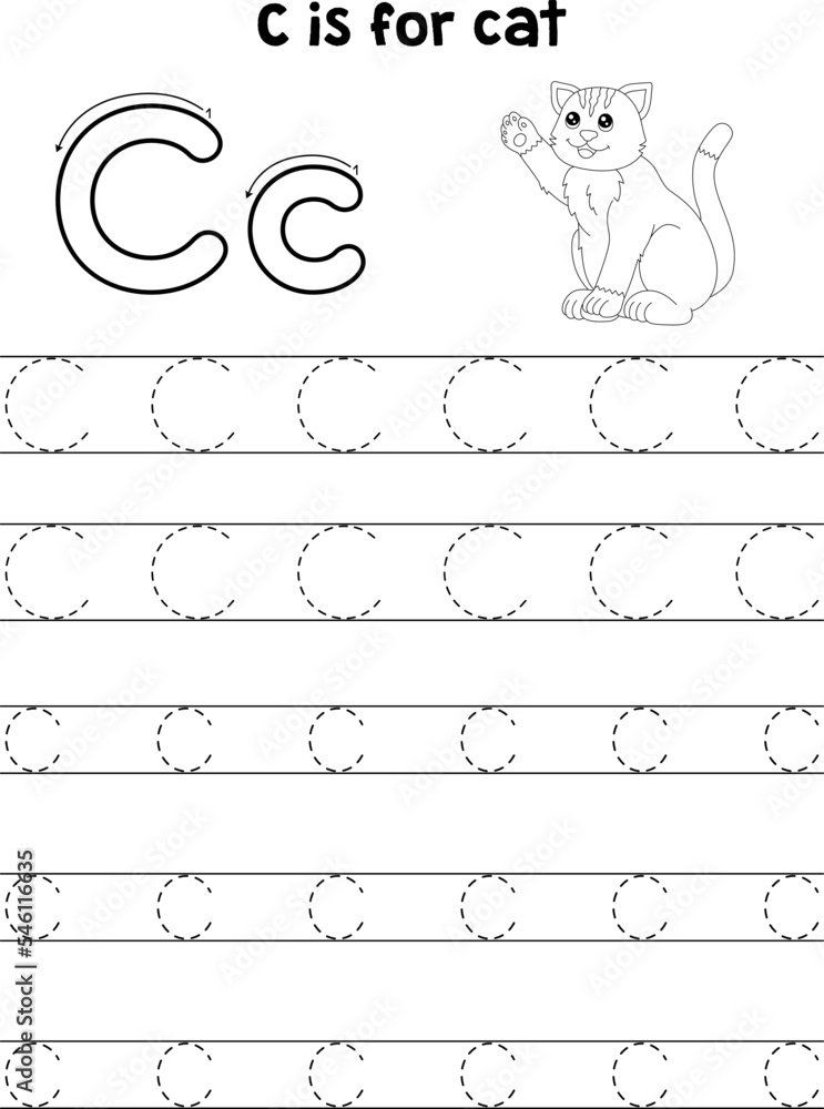 Cat Animal Tracing Letter ABC Coloring Page C