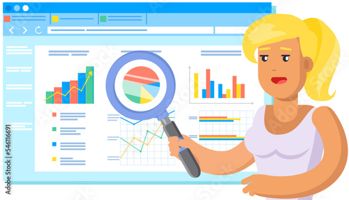 Data analytics information and development statistics. Woman with loupe analyses bar chart seo optimization. Lady works with statistical indicators, diagram. Businesswoman checking digital report