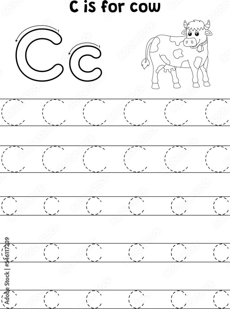 Cow Animal Tracing Letter ABC Coloring Page C