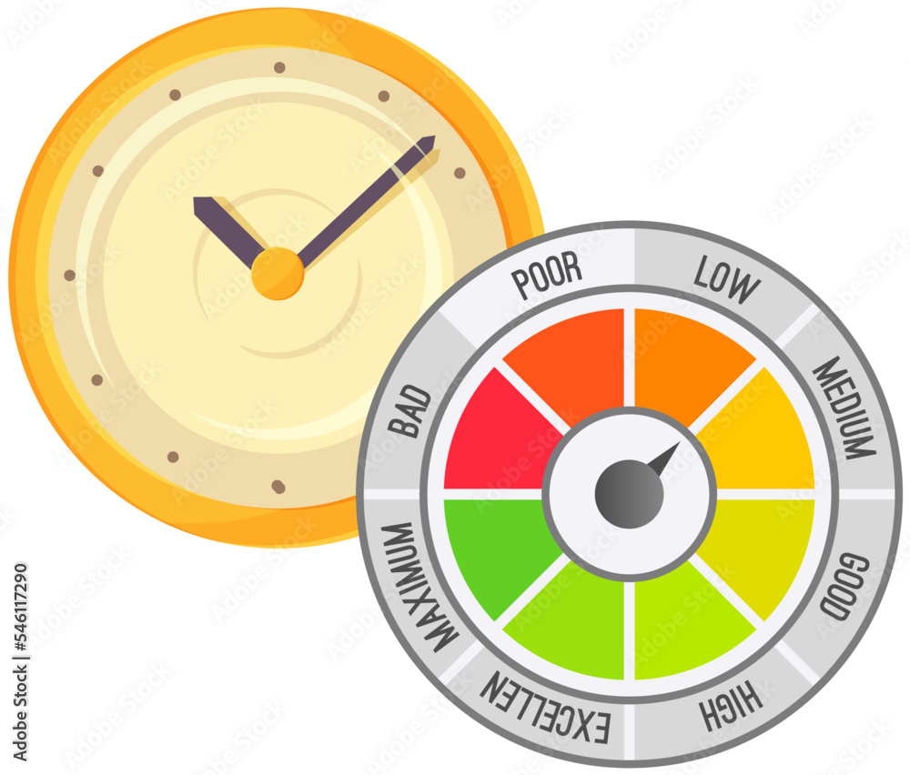 Wall clock and quality scale with arrow from red to green and caliber of emotions, power regulator gamma. Measuring device tachometer, speedometer, clock. Colorful gauge element from poor to excellent Wall clock and quality scale with arrow from red to green and caliber of emotions, power regulator gamma. Measuring device tachometer, speedometer, clock. Colorful gauge element from poor to excellent