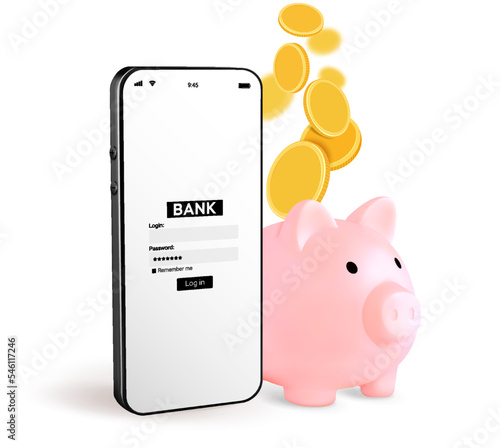 Online banking. Mobile phone with internet online bank app. Piggy bank with hundred dollar bill on white background. Save money business wallet.