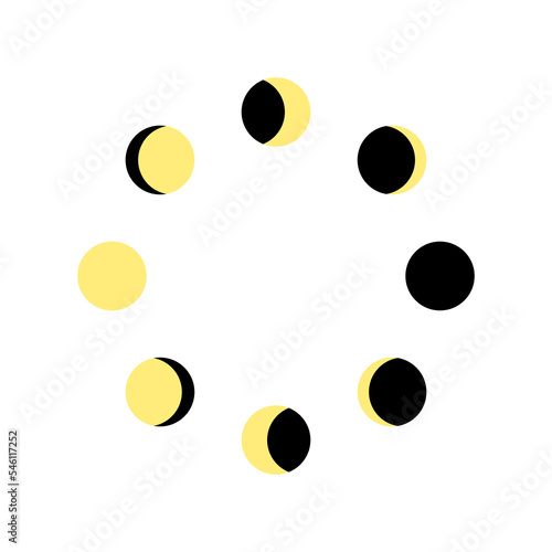 Moon phases moving in circle. Calendar lunar cycle. Waning and waxing Moon silhouettes. Round shapes of Luna celestial object isolated on white background